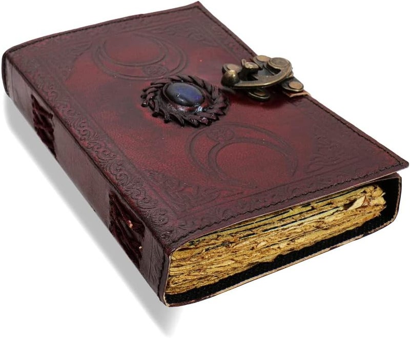 PRASTARA Blank spell book of shadows journal with lock clasp prop vintage handmade leather third eye stone diary embossed triple moon prayer pagan unlined paper witchcraft wiccan notebook daily 7 x 5 Inches. - Image 1